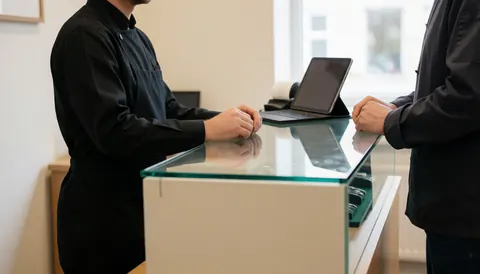 Un horloger en uniforme sombre assiste un client derrière un comptoir en verre avec une tablette et une caisse enregistreuse, éclairé par la lumière naturelle.
