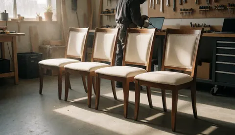 Quatre chaises en bois avec tissu crème restaurées dans un atelier bien éclairé, outils au mur et un professionnel travaillant en arrière-plan.