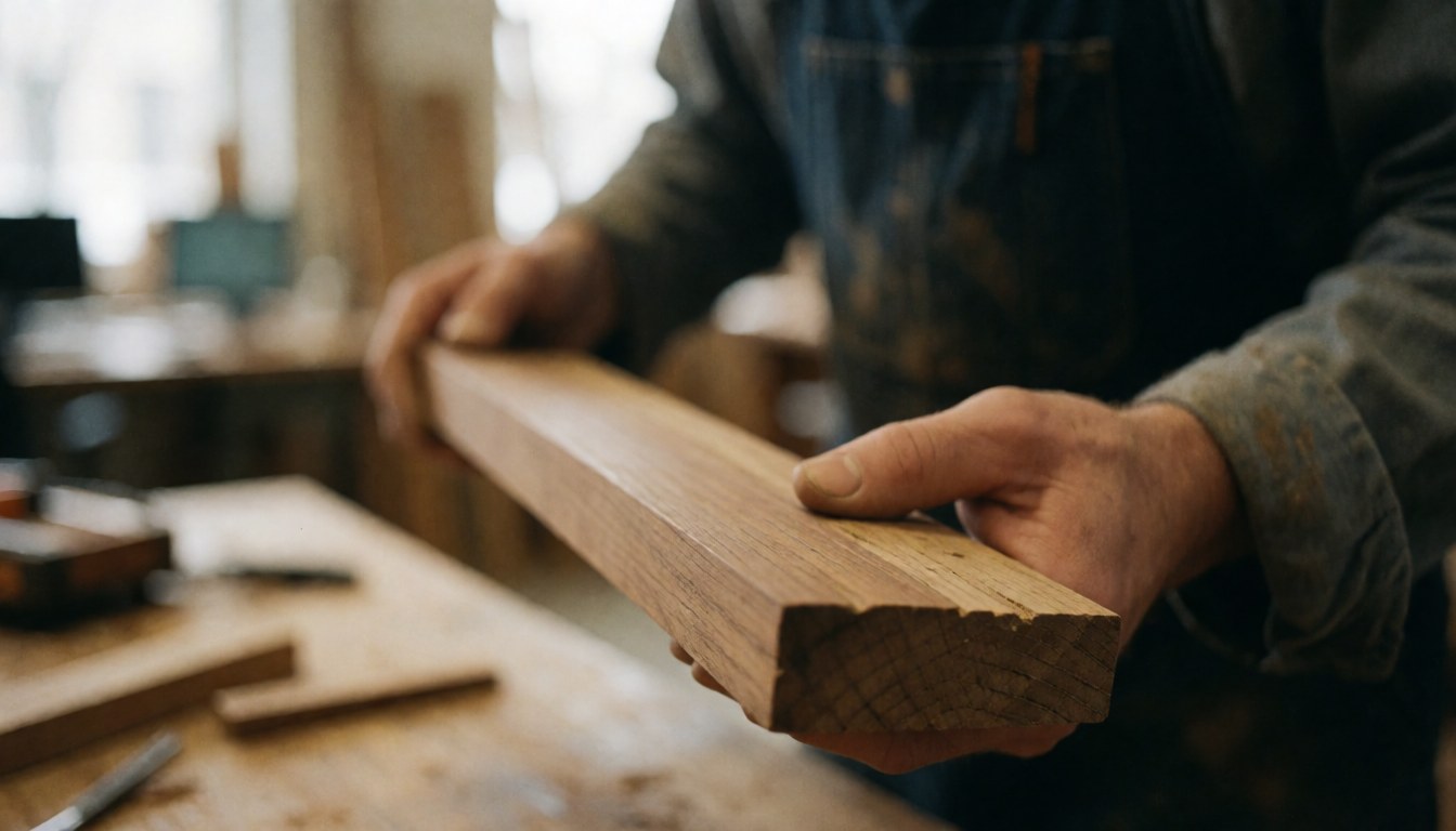 Mains d'un artisan tenant une planche de bois dans un atelier avec des outils et des tables de travail pour la menuiserie.