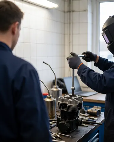 Mécanicien en gants ajuste une culasse de moto avec une clé dynamométrique pendant qu'un client observe dans un atelier aux murs carrelés et aux outils visibles.