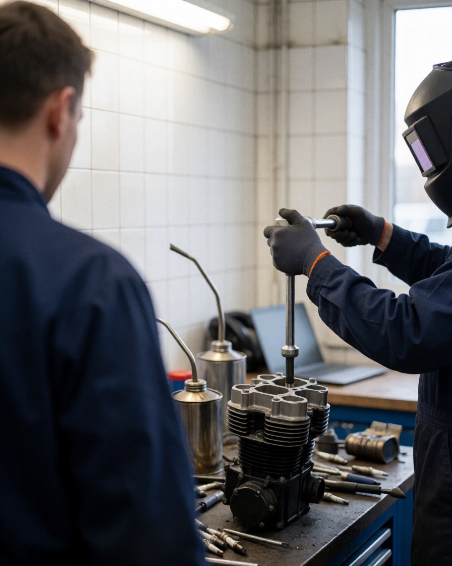 Mécanicien en gants ajuste une culasse de moto avec une clé dynamométrique pendant qu'un client observe dans un atelier aux murs carrelés et aux outils visibles.