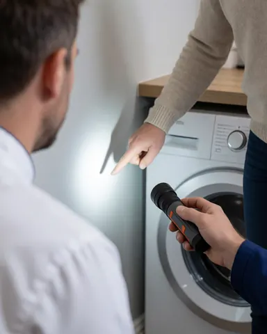 Une cliente pointe une tache sur le sol près d'une machine à laver tandis qu'un technicien l'examine avec une lampe de poche dans une maison.