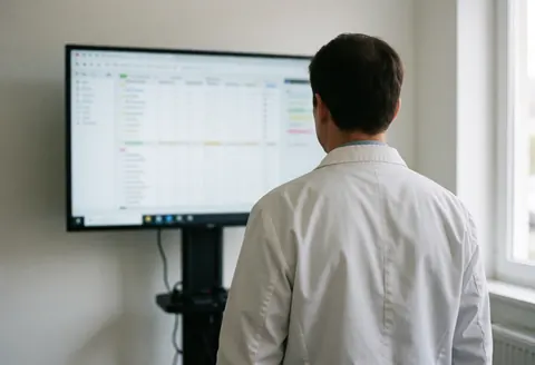 Un professionnel de la santé observe des données sur un écran, dans un environnement lumineux avec un mur blanc, évoquant une clinique de physiothérapie moderne.