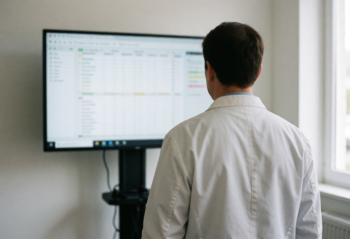 Un professionnel de la santé observe des données sur un écran, dans un environnement lumineux avec un mur blanc, évoquant une clinique de physiothérapie moderne.