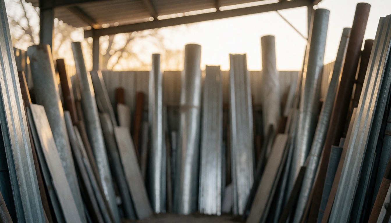Entrepôt couvert avec des feuilles métalliques et des tuyaux, éclairé par la lumière chaude du coucher de soleil, idéal pour un fond commercial.