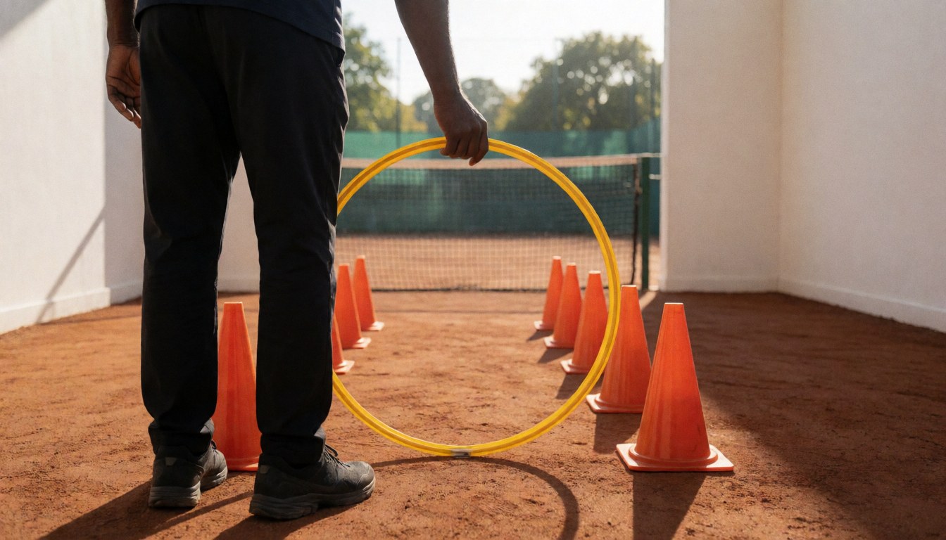 Un entraîneur de tennis place un cerceau jaune entre des cônes orange sur un court en terre battue, avec un filet et des arbres en arrière-plan.