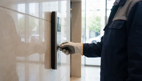 Un technicien en gant ajuste le panneau de contrôle d'un ascenseur sur un mur en pierre polie dans un hall moderne éclairé par la lumière naturelle.