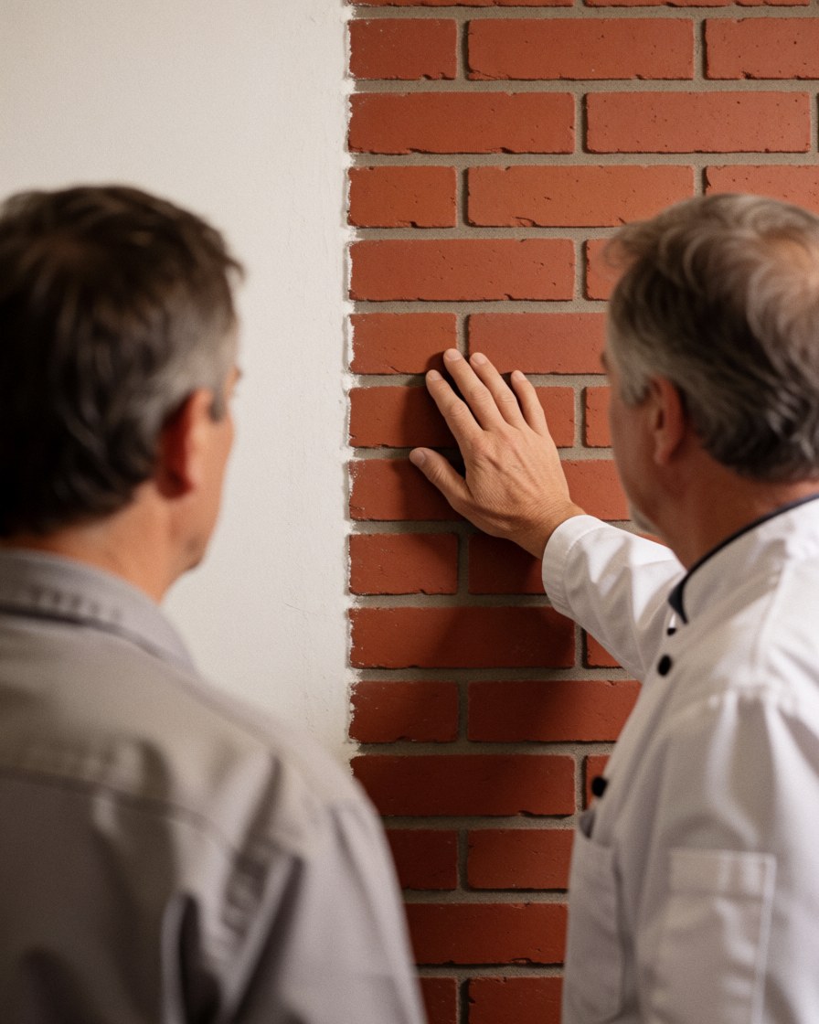 Une cliente inspecte un mur en briques rouges fraîchement installé, accompagnée d'un professionnel dans une scène de construction éclairée par une lumière chaude.