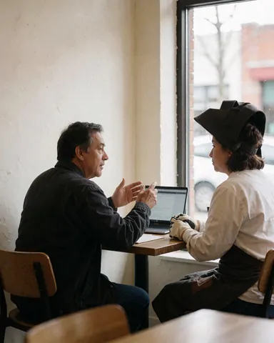 Une cliente et un professionnel discutent lors d'une réunion dans un café, entourés de murs chaleureux et éclairés par la lumière naturelle.