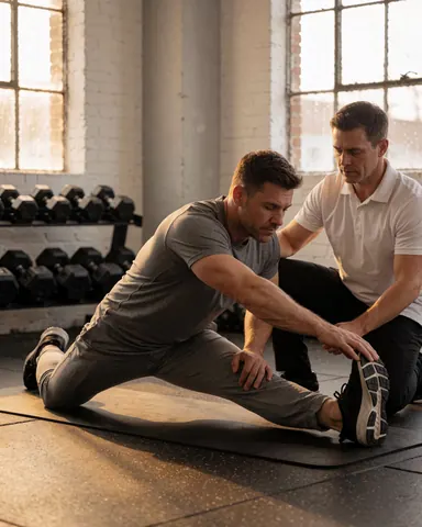 Un coach fitness aide un client à s'étirer sur un tapis noir, avec des haltères et des fenêtres industrielles en arrière-plan.