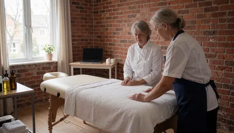 Deux femmes âgées pratiquent un massage sur une table blanche dans une pièce aux murs de briques avec lumière naturelle.