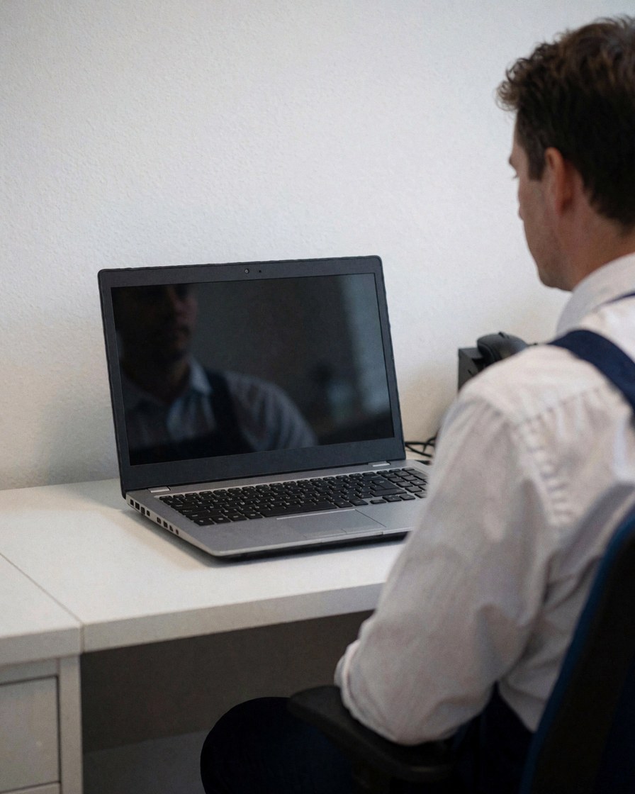 Un technicien examine un ordinateur portable sur une table dans un bureau professionnel aux murs blancs et à l'éclairage doux.