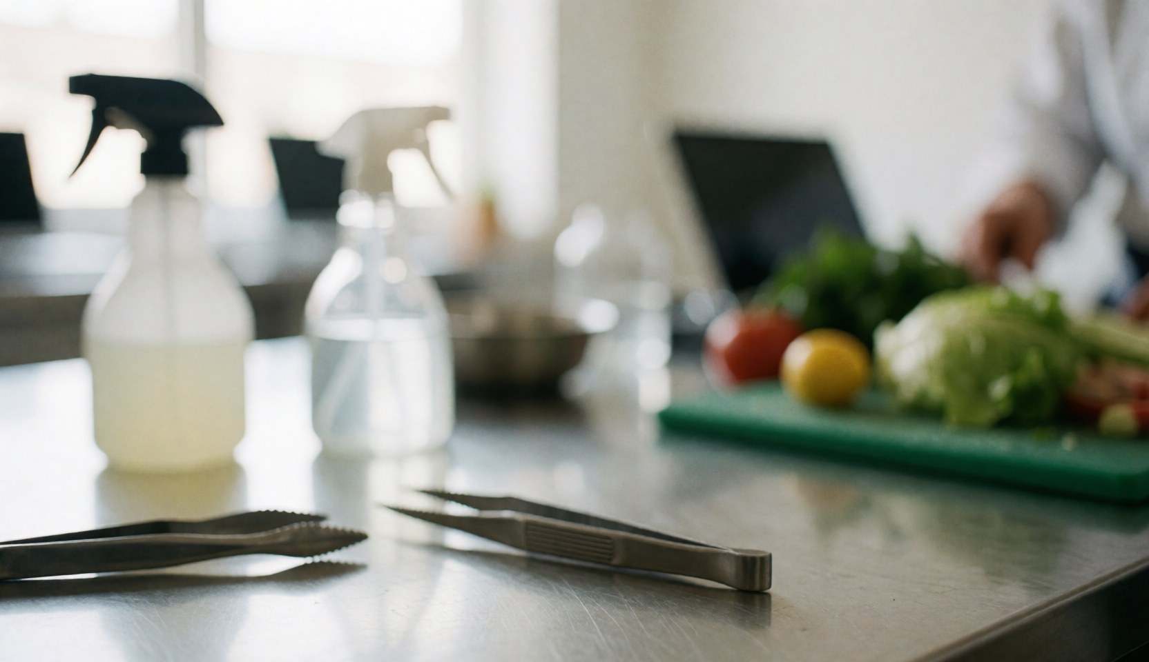 Arrière-plan de cuisine professionnelle avec pincettes, bouteilles de nettoyage et légumes frais sur une surface en acier inoxydable, idéal pour des services de photographie de produit.