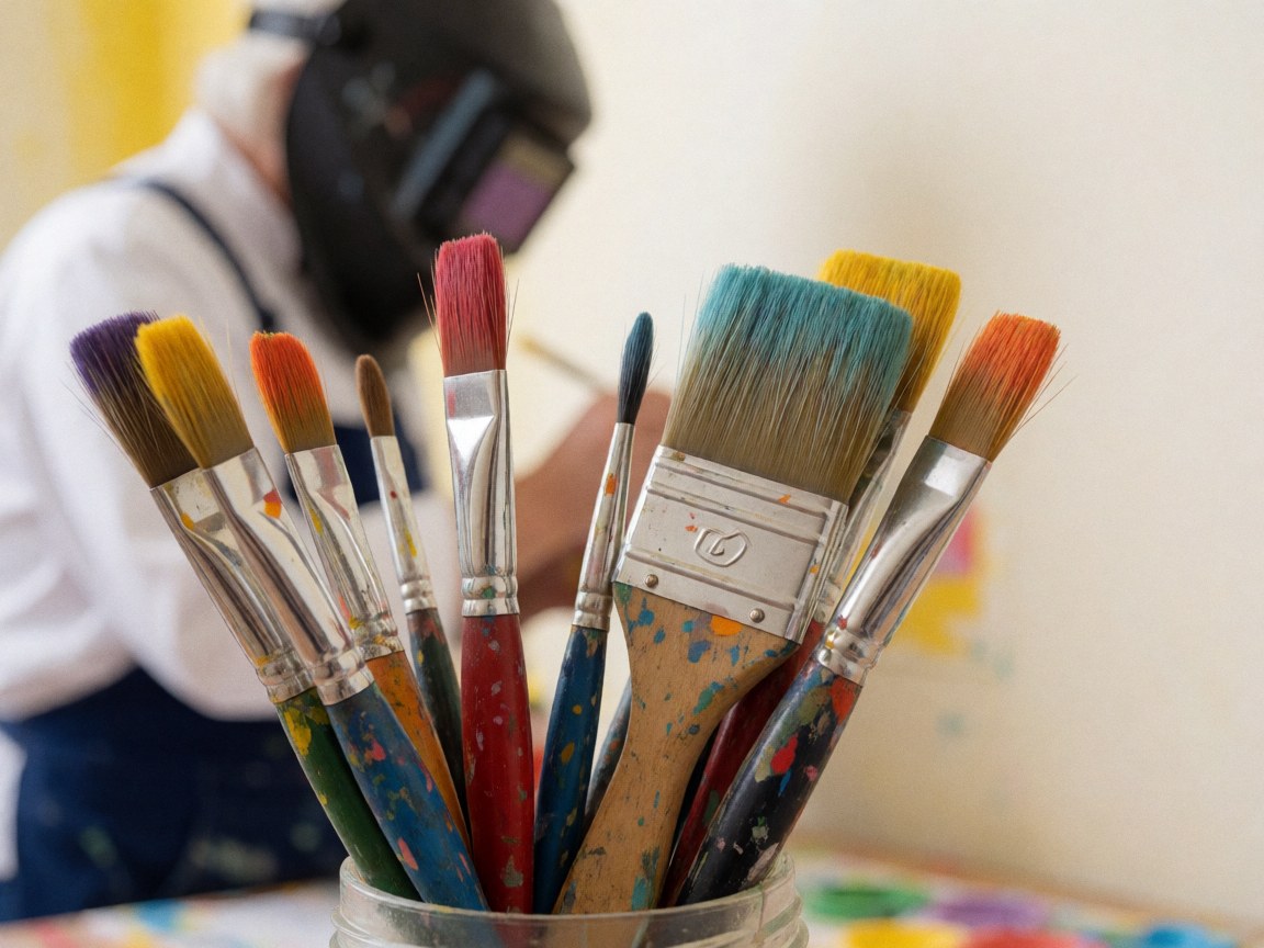 Des pinceaux colorés dans un pot avec un artiste travaillant en arrière-plan dans un espace aux murs chauds et à la lumière vive.