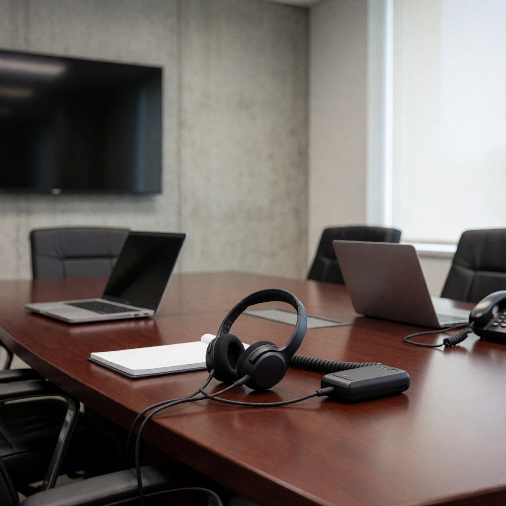 Casque sans fil avec émetteur posé sur une table en bois poli, à côté d'un bloc-notes, dans une salle de réunion aux murs en béton.