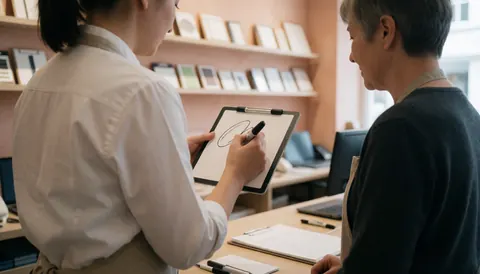 Une vendeuse présente un cahier et un marqueur à une cliente dans une papeterie, devant des étagères remplies de produits et des murs en terre cuite.