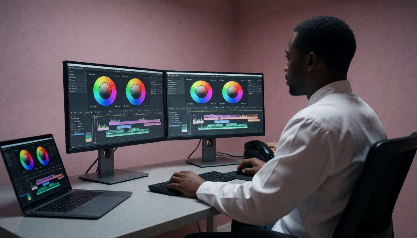 Vidéaste professionnel travaillant sur une station d'édition avec deux écrans et des murs roses, idéal pour une bannière de site web.