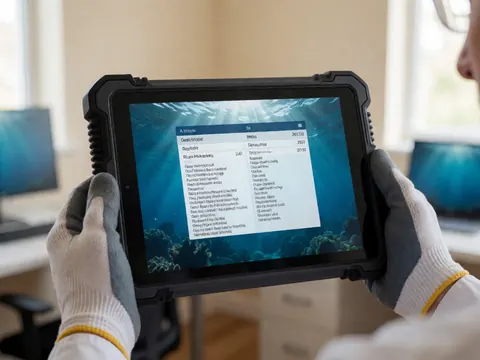 Des mains portant des gants de protection tiennent une tablette numérique affichant des informations scientifiques sur les espèces marines dans un environnement de bureau.