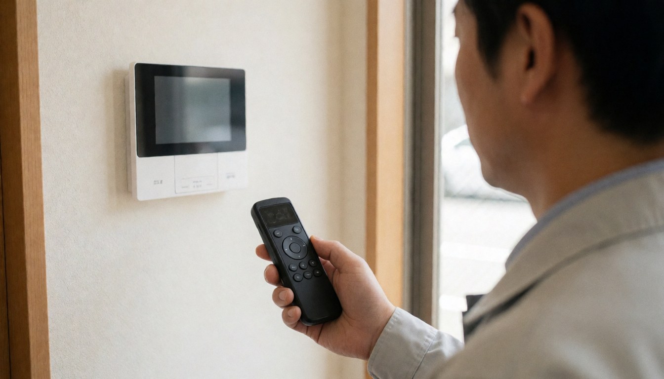 Technicien professionnel examinant un panneau d'alarme à l'aide d'une télécommande dans un intérieur éclairé par la lumière naturelle.