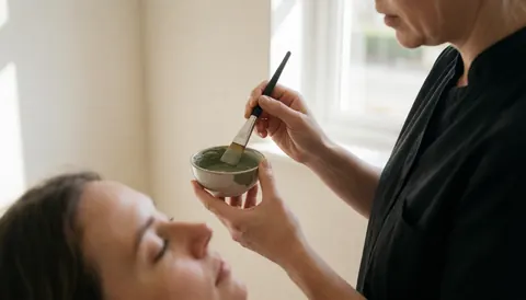Thérapeute appliquant un masque de boue verte sur le visage d'une cliente dans un salon de beauté lumineux aux murs blancs.
