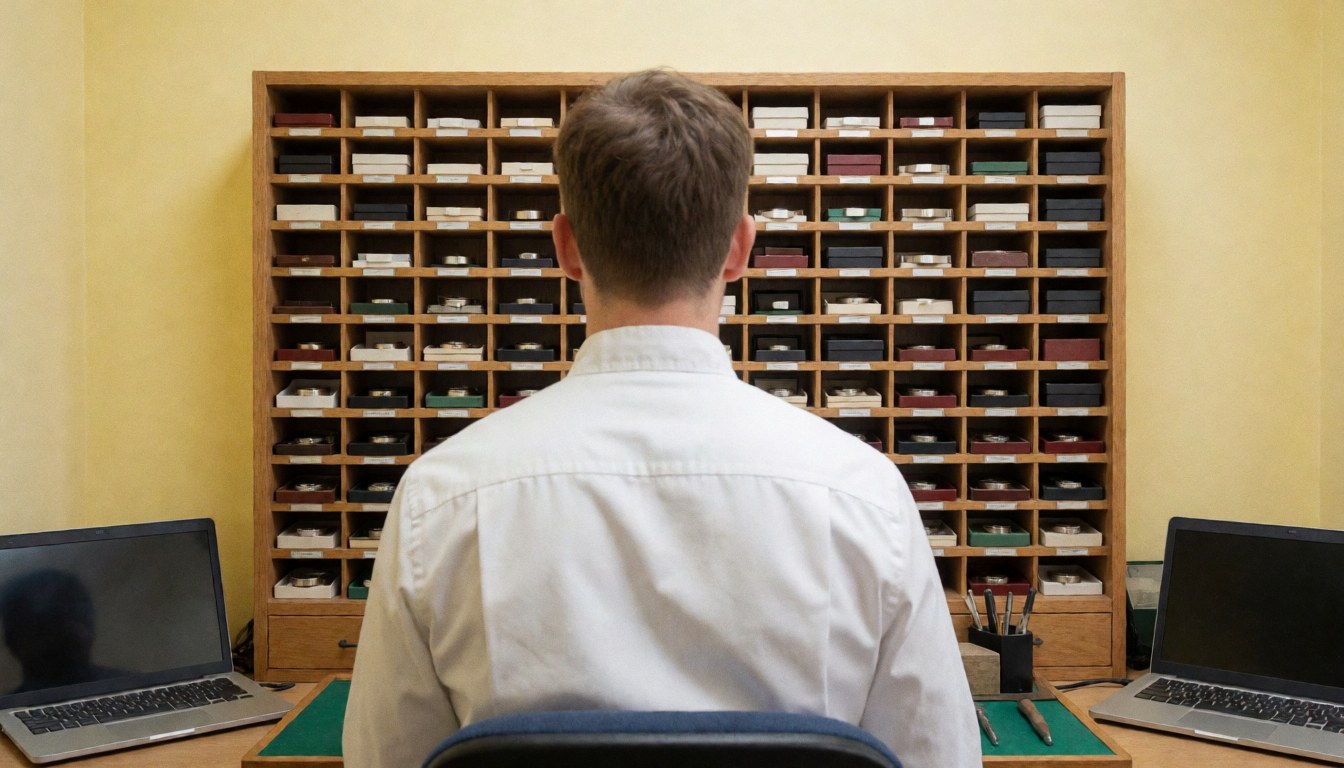Vue de dos d'une personne devant une armoire contenant des montres et des boîtes organisées, sur fond de murs jaunes avec des ordinateurs portables sur un bureau.
