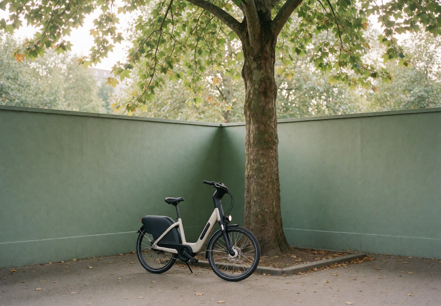 Vélo électrique de taxi garé sous un grand arbre dans une place avec un mur vert, éclairage naturel, idéal pour un service de transport urbain.