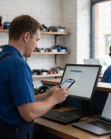 Un technicien utilise un stylet pour inspecter un smartphone dans un atelier de réparation, avec des étagères de pièces détachées et un écran d'ordinateur en arrière-plan.