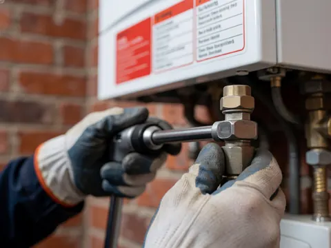 Un technicien en gants ajuste une connexion de gaz sur une chaudière avec une étiquette rouge, devant un mur de briques.