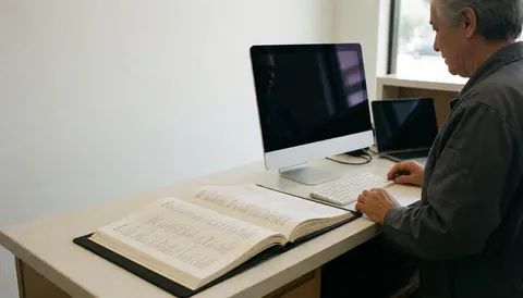 Personne travaillant sur ordinateur avec un livre ouvert sur une table de réception, fond blanc, idéal pour les meubles.