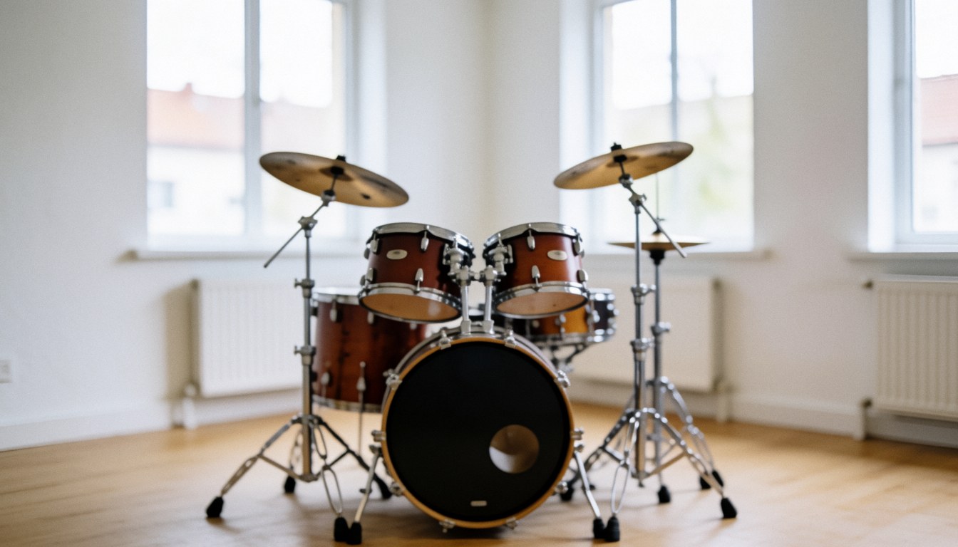 Studio de musique vide avec batterie de percussion, murs blancs et grandes fenêtres, idéal pour textes sur cours de musique.