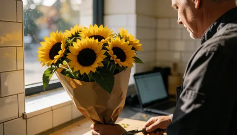 Un bouquet de tournesols posé sur un comptoir en bois près d'une fenêtre dans un magasin de fleurs avec des carreaux blancs et une lumière naturelle.