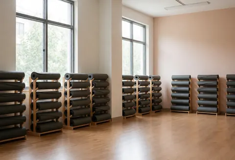 Intérieur d'un studio de yoga vide avec des tapis roulés sur des étagères en bois, sol en bois poli et grandes fenêtres laissant entrer la lumière naturelle.