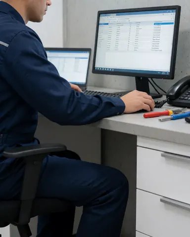 Technicien en uniforme bleu analysant des données sur un écran d'ordinateur avec des outils de réparation sur le bureau et un mur en béton en arrière-plan.
