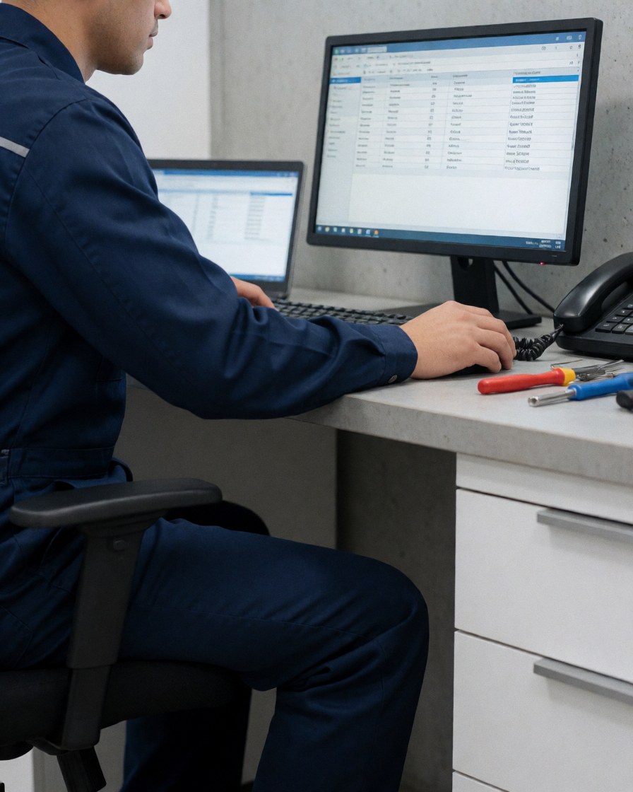 Technicien en uniforme bleu analysant des données sur un écran d'ordinateur avec des outils de réparation sur le bureau et un mur en béton en arrière-plan.