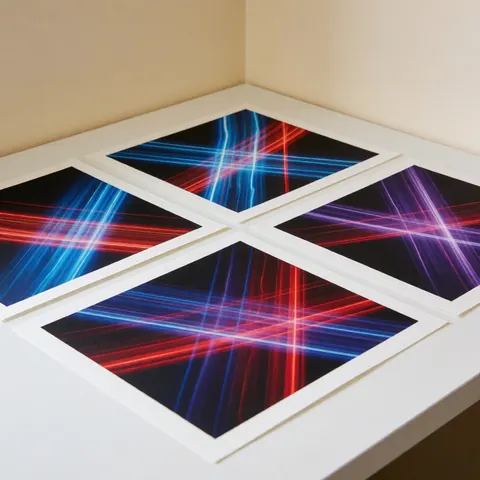 Quatre impressions de photographie cinétique montrant des traînées de lumière bleue, rouge et violette sur papier, posées sur une table blanche devant un mur beige.