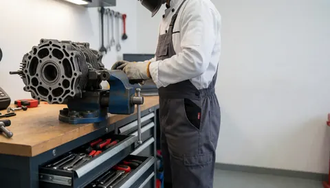 Atelier de réparation de motocyclettes avec moteur apparent, outils dans des tiroirs et mur propre.