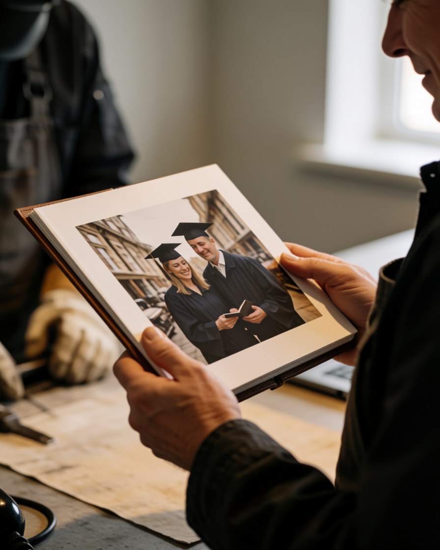 Une cliente consulte un album photo de graduation dans un studio. La couverture montre deux diplômés souriants, baignés d'une lumière naturelle douce.