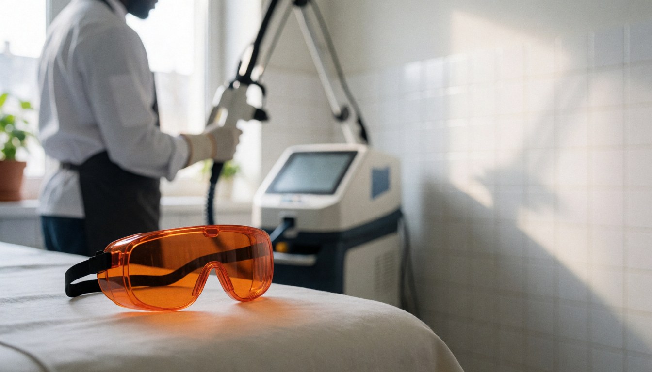 Lunettes de protection orange posées sur un lit de traitement, avec une machine laser en arrière-plan et un professionnel travaillant dans une clinique de dépilation.