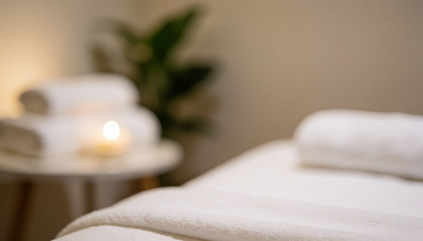 Lit de massage avec serviettes blanches, bougies allumées et plante verte dans un environnement chaleureux et relaxant pour spa.
