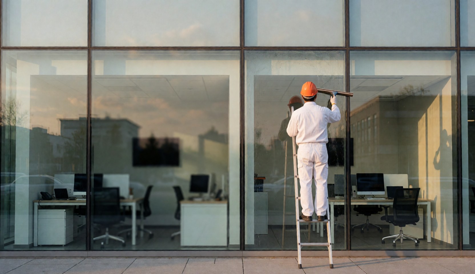 Un ouvrier en uniforme blanc et casque orange utilise une raclette sur une fenêtre de bureau, avec un reflet de coucher de soleil sur la vitre.