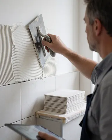 Un installateur de salles de bain applique de l'adhésif avec une cisaille sur un mur blanc, des carreaux blancs empilés à proximité, éclairage naturel.