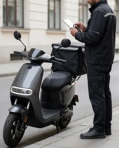 Livreur en uniforme vérifiant sa route sur une tablette, debout à côté de son scooter électrique équipé d'une caisse de livraison sur le trottoir en milieu urbain.