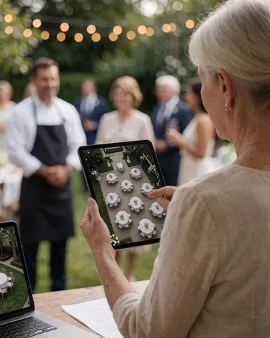 Une femme consulte sur une tablette la vue aérienne des tables de réception dans un jardin illuminé lors d'un mariage.