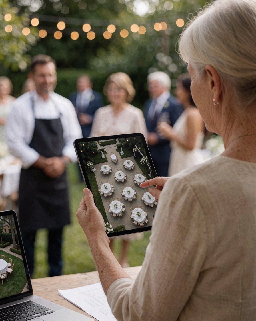 Une femme consulte sur une tablette la vue aérienne des tables de réception dans un jardin illuminé lors d'un mariage.
