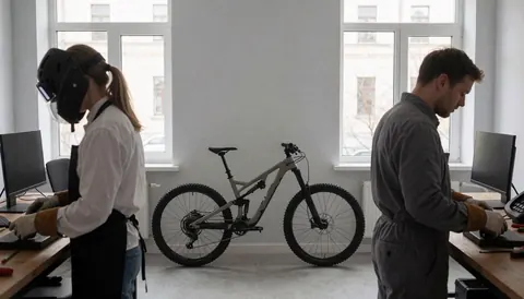 Deux techniciens travaillent sur des tables dans un atelier de vélos avec un vélo de montagne complet au centre.
