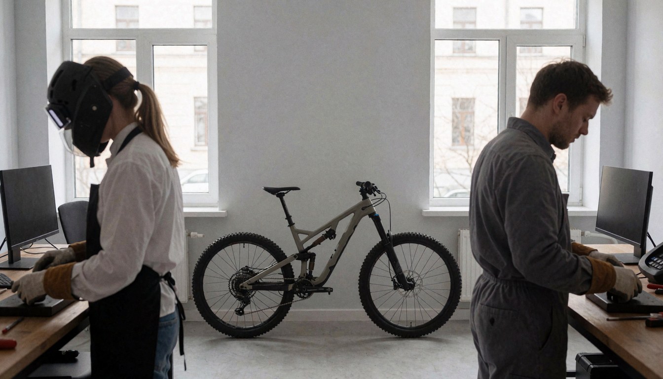 Deux techniciens travaillent sur des tables dans un atelier de vélos avec un vélo de montagne complet au centre.