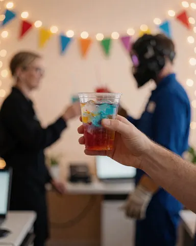 Une main tenant un verre contenant une boisson colorée lors d'une fête avec des lumières et des guirlandes, créant une ambiance festive.