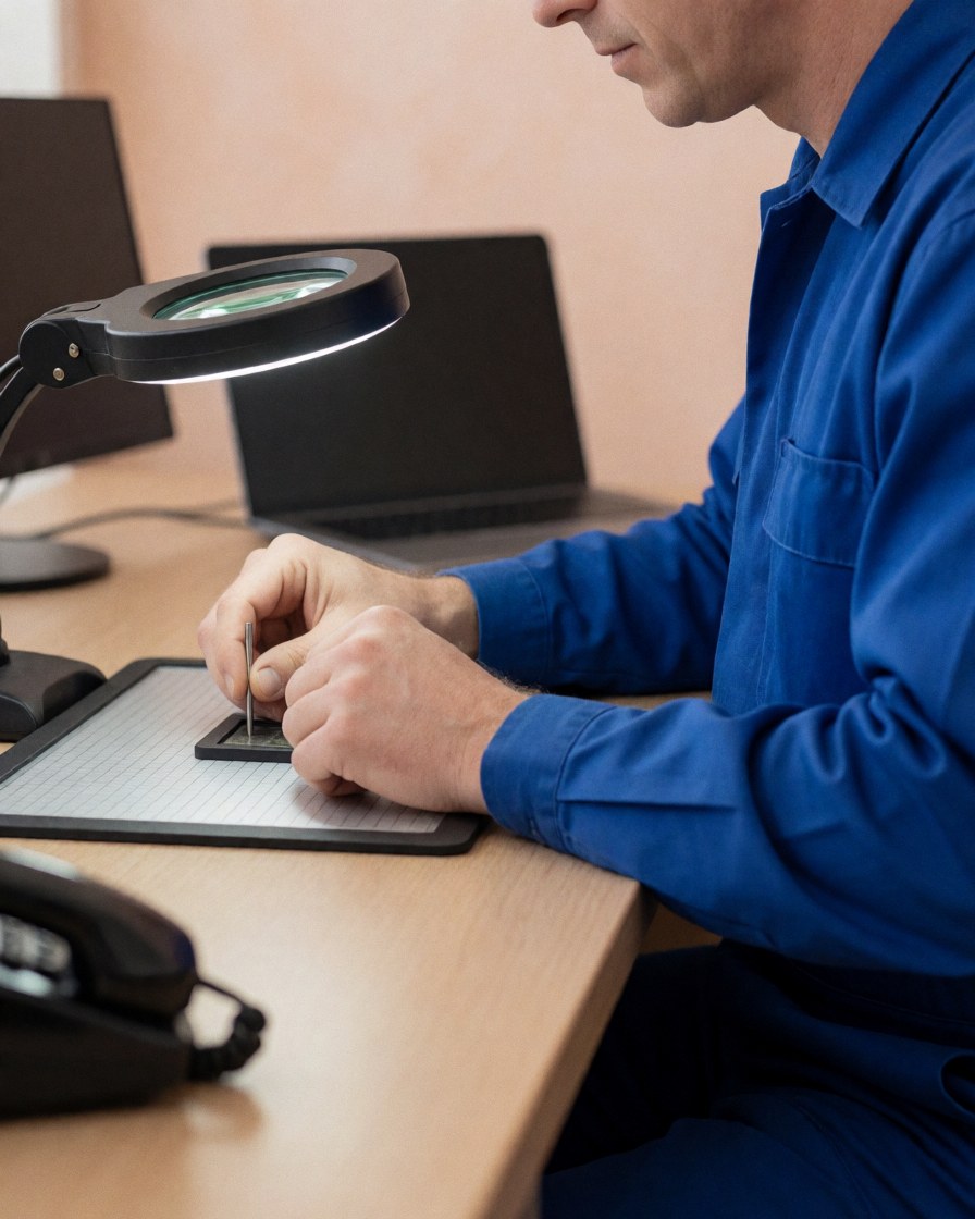 Un technicien en uniforme bleu utilise une pince pour placer une vis sur un tapis magnétique sous un microscope, avec un ordinateur en arrière-plan.