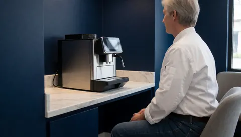 Un homme adulte attend assis sur une chaise confortable près d'une machine à café moderne sur une table en marbre dans une pièce aux murs bleu foncé.