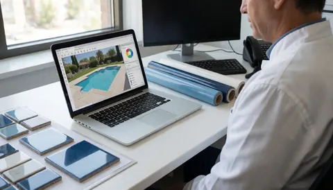 Un professionnel de la piscine travaille sur un ordinateur portable, entouré d'échantillons de carrelage bleu et de rouleaux de liner sur un bureau blanc dans un bureau lumineux.